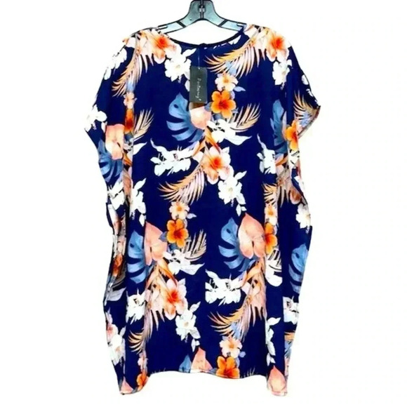 Portocruz Women's Floral Coverup Size Medium Blue Short Sleeve V-Neck Ca… - Picture 1 of 3